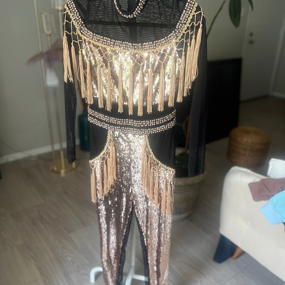 Glitz & Fringe Showstopper Jumpsuit – Black & Gold ✨